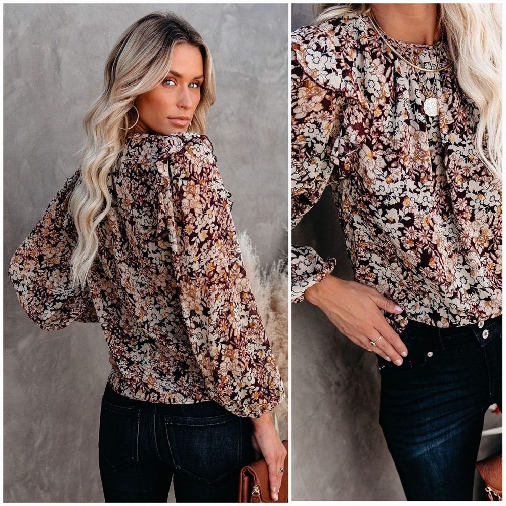 Moodie Fall Floral Burgundy Gold Print Ruffle Shoulder Long Sleeves Blouse